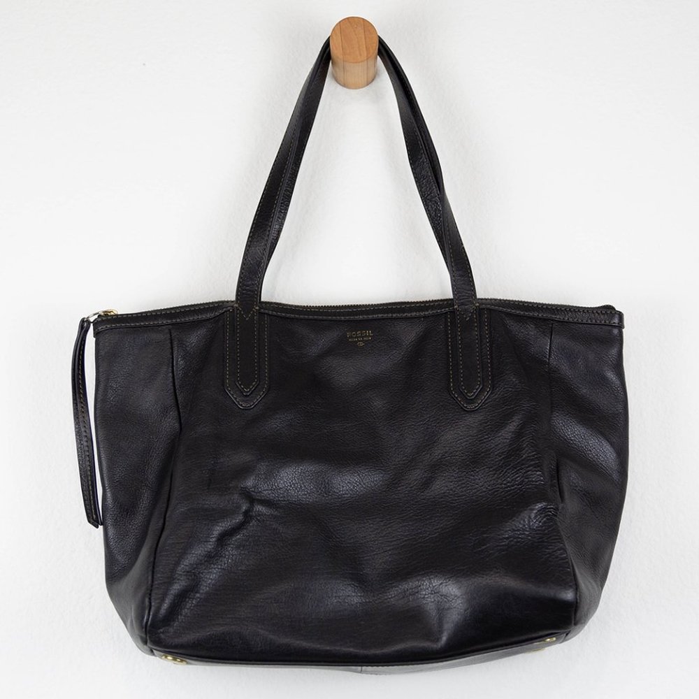 Fossil Sydney Shopper Tote Black Pebbled Leather Zip Closure